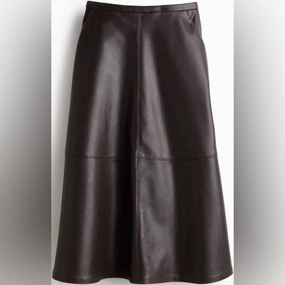 H&M Black Faux Leather A-Line Midi Skirt NWT